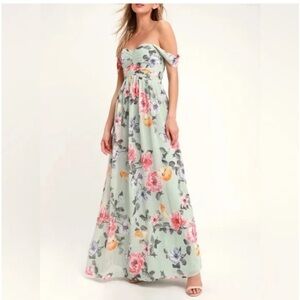 Lulu's Mint Floral Off-Shoulder Maxi Dress